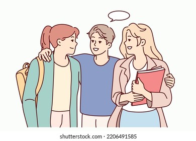 Smiling young guy flirting with female mates. Male hug talk with millennial girls in college or university. Vector illustration. 