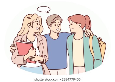 Smiling young guy flirting with female mates. Male hug talk with millennial girls in college or university. Vector illustration.