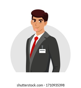 Smiling young handsome executive manager, administrator or consultant character wearing formal suit with badge cropped avatar. Man portrait. Professional specialist. Human occupation after graduation