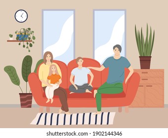 Smiling young happy family on sofa portrait. Man, woman and their children in living room vector illustration. Mother, father, daughter and son sitting and hugging together on the couch at home