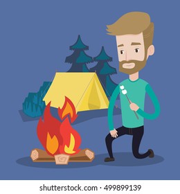 Smiling young hipster man with the beard sitting near campfire and roasting marshmallow over campfire on the background of camping site with tent. Vector flat design illustration. Square layout.