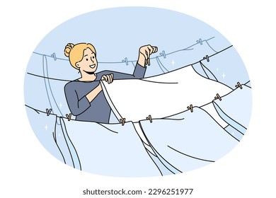 Smiling young housewife hang wet clothes on rope outdoors. Happy woman do household chores let clothing dry on air on clothespin. Housekeeping and domestic routine. Vector illustration.