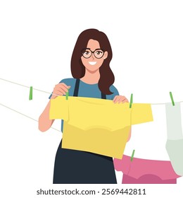 Smiling young housewife hang wet clothes on rope outdoors. Flat vector character illustration