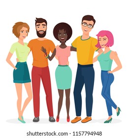 Smiling young hugging friends group. People students friendship vector illustration concept