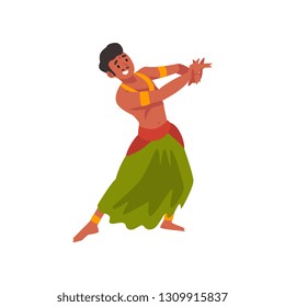 Smiling Young Indian Man Performing Folk Dance in Traditional Clothes Vector Illustration