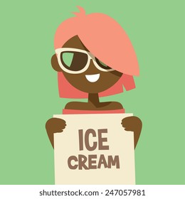 Smiling young lady avatar character holding poster, with sunglasses and short orange color hairstyle, isolated on a green background, simplicity cartoon flat style, vector illustration icon.