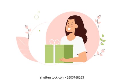 Una joven sonriente con una caja de regalo. Diseño de vector plano para una tarjeta, pancarta. 