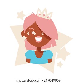 Smiling young lady, prom queen avatar character in blue color dresses, with a short pink color hair and crown, isolated on a white background, simplicity cartoon flat style, vector illustration icon.