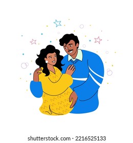 Smiling young Latin American Hispanic family couple, future parents. Husband with moustache, gentle hand on the belly of his wife. Parenthood, pregnancy, care concept. Doodle style illustration