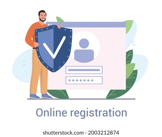 Smiling young male character registering online. Person using digital device to register or sign up online with secure apps, colored flat cartoon vector illustration isolated on white background
