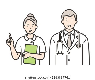 Smiling young male doctor and female nurse. pointing pose.