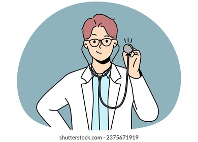 Smiling young male doctor in white medical uniform hold stethoscope ready to check or examine patient. Happy male GP or therapist checkup in hospital. Medicine. Vector illustration.