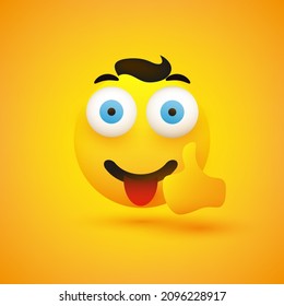 Smiling Young Male Emoji with Hair, Pop Out Wide Open Eyes and Stuck Out Tongue Showing Thumbs Up - Simple Happy Emoticon on Yellow Background - Vector Design