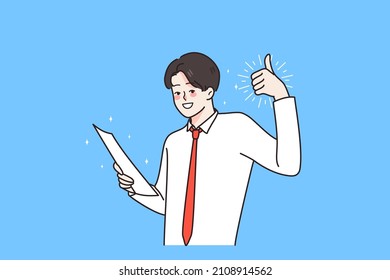 Smiling young male employee show thumb up excited with promotion offer or notice in paperwork. Happy man student triumph get good results from test. Success and leadership. Vector illustration. 