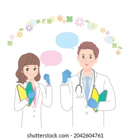 A smiling young male and female doctor with a beginner mark