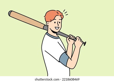 Smiling young male sportsman with baseball bat playing game on field. Happy athlete in uniform. Vector illustration. 