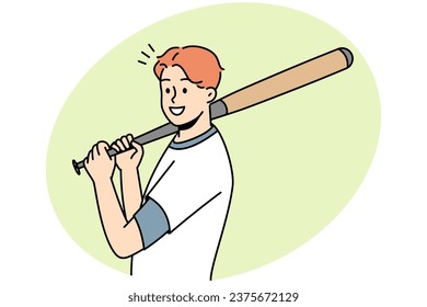 Smiling young male sportsman with baseball bat playing game on field. Happy athlete in uniform. Vector illustration.