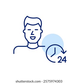 Smiling young man and 24 hours clock. Always online, constant user presence. Pixel perfect, editable stroke icon