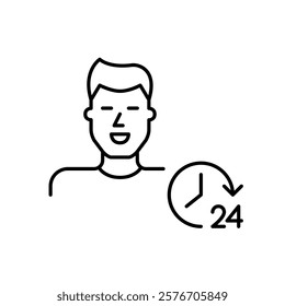 Smiling young man and 24 hours clock. Always online, constant user presence. Pixel perfect vector icon