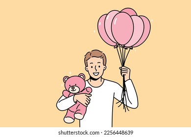 Smiling young man with air balloons and teddy bear in hands making surprise to loving girlfriend. Happy guy make present or gift to lover on birthday or anniversary. Vector illustration. 