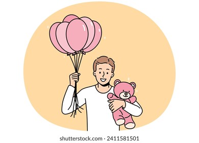 Smiling young man with air balloons and teddy bear in hands making surprise to loving girlfriend. Happy guy make present or gift to lover on birthday or anniversary. Vector illustration.