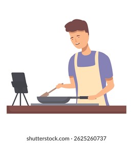 Smiling young man in apron cooking and filming a tutorial with his phone