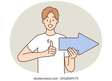 Smiling young man with arrow show direction recommend good deal or service. Happy guy point with sign make thumb up hand gesture give recommendation. Vector illustration.