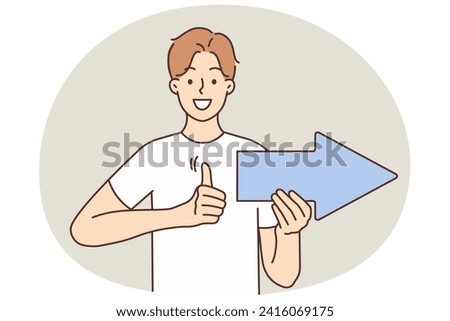 Smiling young man with arrow show direction recommend good deal or service. Happy guy point with sign make thumb up hand gesture give recommendation. Vector illustration.