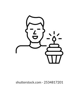 Smiling young man avatar and cupcake with lit candle. Birthday party, user milestone celebration. Pixel perfect, editable stroke icon