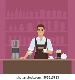 A smiling young man barista preparing coffee with coffee-machine vector in cafe restaurant
