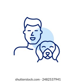 Smiling young man and beagle dog. Happy pet owner. Pixel perfect, editable stroke icon