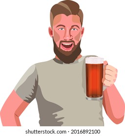 A smiling young man with a beard holding a mug of light craft beer in his hand. For banners, flyers, posters, cards. Beer day. Beer festival. Vector illustration isolated on white background.