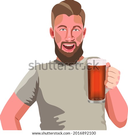 A smiling young man with a beard holding a mug of light craft beer in his hand. For banners, flyers, posters, cards. Beer day. Beer festival. Vector illustration isolated on white background.