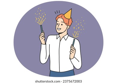 Smiling young man in birthday hat holding sparklers celebrating. Happy businessman have fun enjoy fireworks at party. Vector illustration.