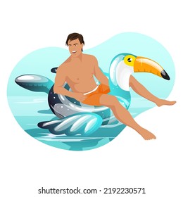 Smiling Young Man, Boy Swimming On Inflatable Swimming Circle. Guy In Water Float Ring, Tube Form Of Toucan Bird For Pool Party, Sea Hotel Relax, Spa, Ocean Beach, Recreation Icon. Vector