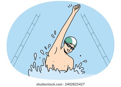 Smiling young man in cap and glasses celebrate win finish first swimming in pool. Excited guy triumph with victory in competition. Sport and hobby. Vector illustration.