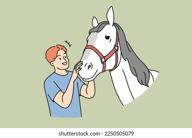 Smiling young man caress white horse at farm. Happy male farmer enjoy time with mare. Domestic animals and farming. Vector illustration. 