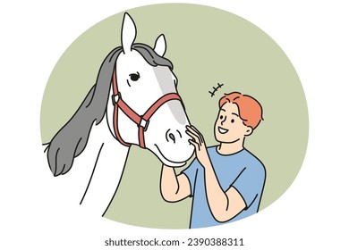 Smiling young man caress white horse at farm. Happy male farmer enjoy time with mare. Domestic animals and farming. Vector illustration.