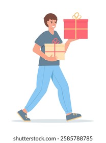 Smiling young man carrying two gifts. Happy male character and gift boxes with presents. Birthday party, holiday, sale and congratulation concept. Vector characters vector illustration.