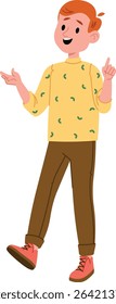 A smiling young man in casual attire with a patterned sweater and sneakers, drawn in a playful style. The character is animatedly pointing with both hands. Cartoon vector illustration.