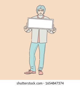 Smiling young man in casual clothes holding placard vector illustration. Outline cartoon activist character with banner for demonstration, advertising, protesting and text space isolated on pink.