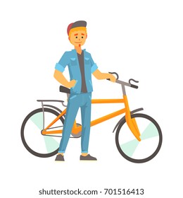 Smiling young man in casual clothes standing next to a bike, sport lifestyle, cycling, riding, relax cartoon vector Illustration