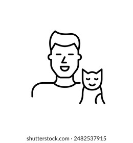 Un joven y un gato sonrientes. Feliz dueño de mascota. Icono de Vector perfecto