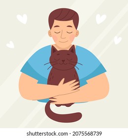 Smiling young man with a cat, pet. Love and friendship with animals. Vet clinic. Vector illustration in cartoon style