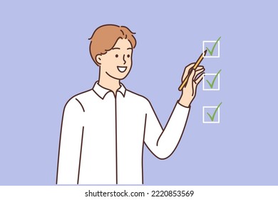 Smiling young man check boxes accomplish tasks. Happy confident male marking finished work list feel motivated. Vector illustration.