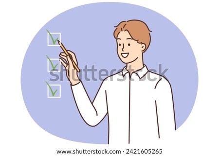 Smiling young man check boxes accomplish tasks. Happy confident male marking finished work list feel motivated. Vector illustration.