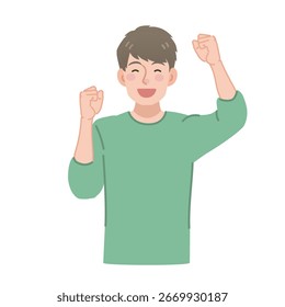 Smiling young man cheering happily