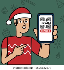 Hombre joven sonriente con el sombrero de las Navidades que muestra el teléfono celular con el código de QR