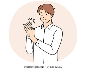 Smiling young man clap hands show appreciation or acknowledgement. Happy businessman applaud congratulating or greeting. Vector illustration.
