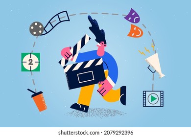 Smiling young man with clapperboard making movie recording film. Clapper or camera crew assistant engaged in filmmaking process. Video production, entertainment industry. Vector illustration. 